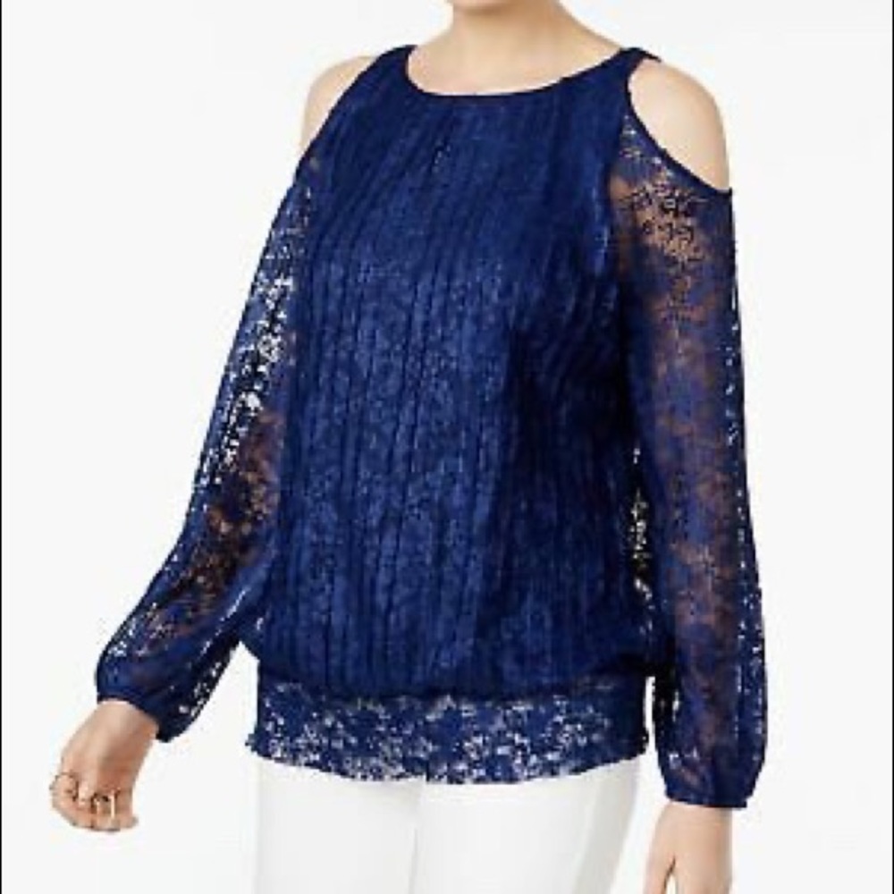 INC Women’s Blue Cut Out Lace Jewel Neck Blouse M